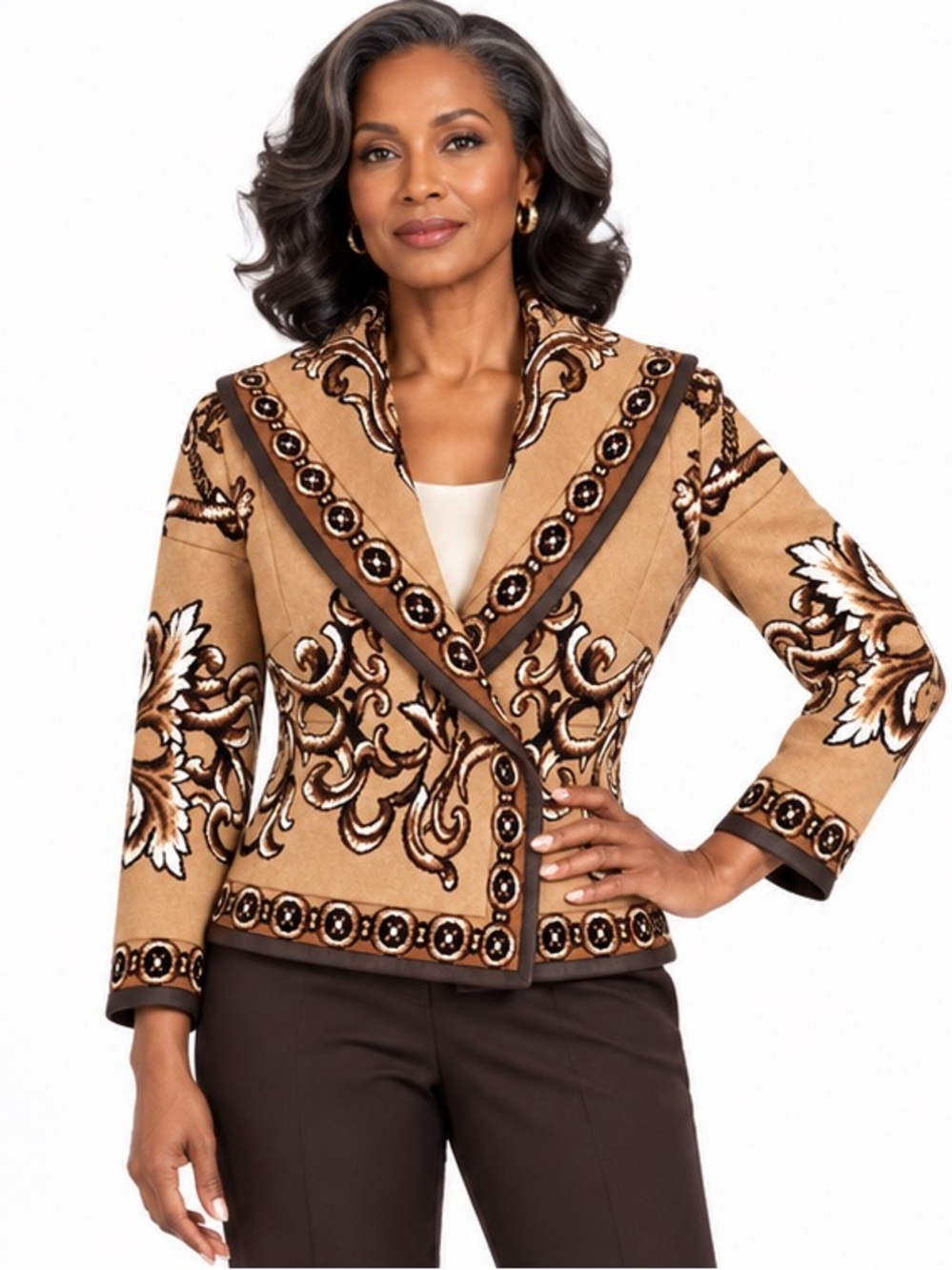 St John Elegant Tan Embroidered  Quilt Blazer Jacket Brown Leather Trim 6 - Picture 6 of 6